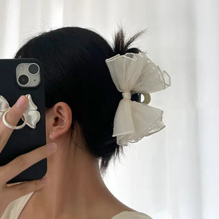 Frilled organza large ribbon hair clip updo hair clip