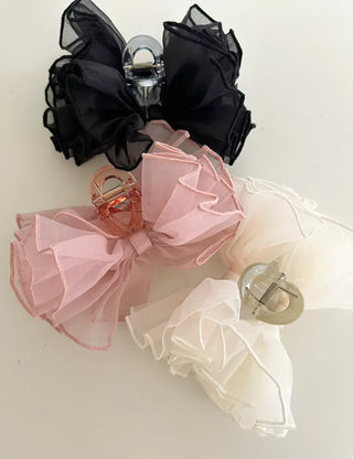 Frilled organza large ribbon hair clip updo hair clip