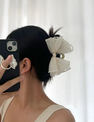 Frilled organza large ribbon hair clip updo hair clip