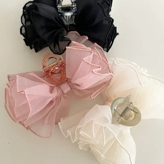 Frilled organza large ribbon hair clip updo hair clip