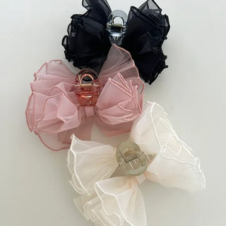 Frilled organza large ribbon hair clip updo hair clip
