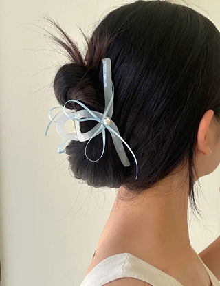 Pearl thin ribbon hair clip updo wedding guest look hair clip