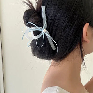 Pearl thin ribbon hair clip updo wedding guest look hair clip
