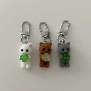 Four-leaf clover cat keyring flocked doll phone charm