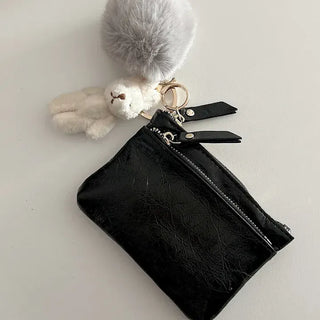 Cowhide Silver Zipper Card Wallet Keyring Mini Pouch