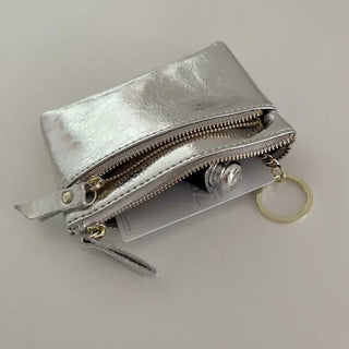Cowhide Silver Zipper Card Wallet Keyring Mini Pouch