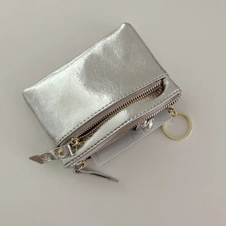 Cowhide Silver Zipper Card Wallet Keyring Mini Pouch