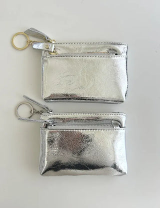Cowhide Silver Zipper Card Wallet Keyring Mini Pouch