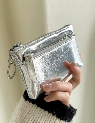 Cowhide Silver Zipper Card Wallet Keyring Mini Pouch