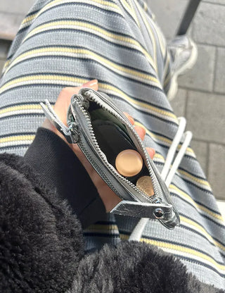 Cowhide Silver Zipper Card Wallet Keyring Mini Pouch