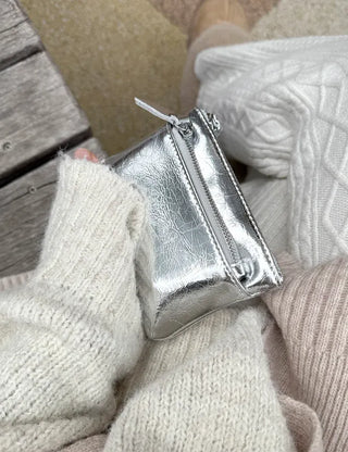 Cowhide Silver Zipper Card Wallet Keyring Mini Pouch