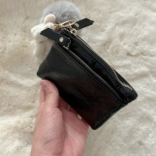 Cowhide Silver Zipper Card Wallet Keyring Mini Pouch