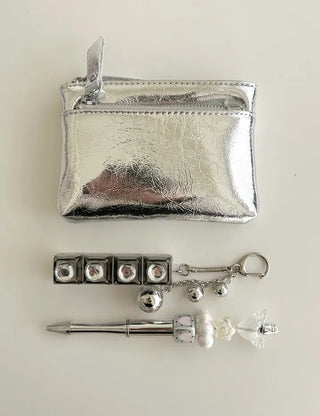 Cowhide Silver Zipper Card Wallet Keyring Mini Pouch