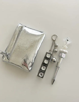 Cowhide Silver Zipper Card Wallet Keyring Mini Pouch