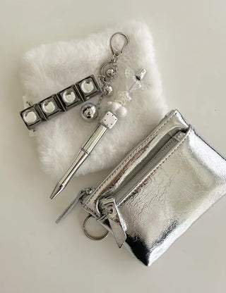 Cowhide Silver Zipper Card Wallet Keyring Mini Pouch