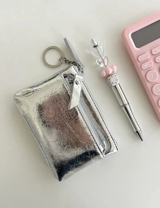 Cowhide Silver Zipper Card Wallet Keyring Mini Pouch