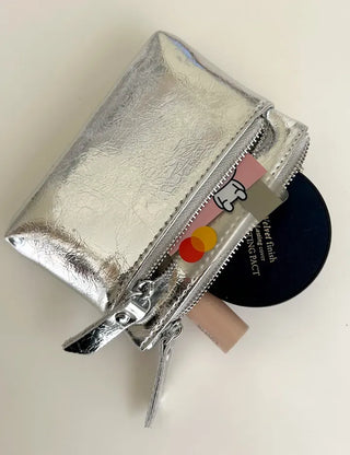 Cowhide Silver Zipper Card Wallet Keyring Mini Pouch