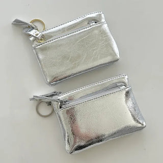 Cowhide Silver Zipper Card Wallet Keyring Mini Pouch
