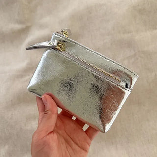 Cowhide Silver Zipper Card Wallet Keyring Mini Pouch