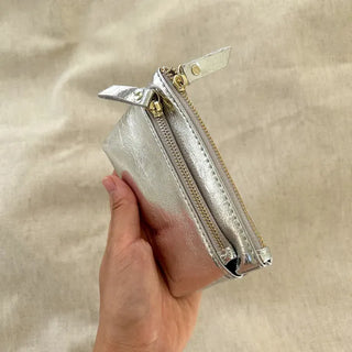 Cowhide Silver Zipper Card Wallet Keyring Mini Pouch