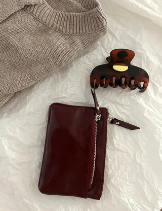 Cowhide Silver Zipper Card Wallet Keyring Mini Pouch