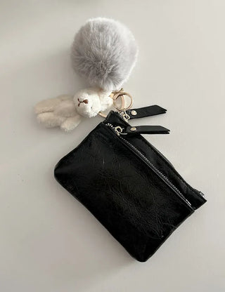 Cowhide Silver Zipper Card Wallet Keyring Mini Pouch