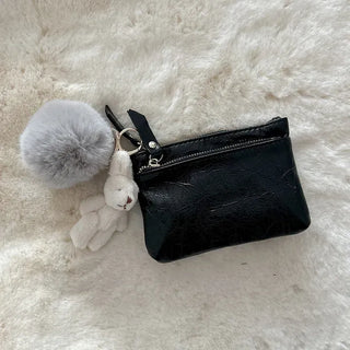 Cowhide Silver Zipper Card Wallet Keyring Mini Pouch
