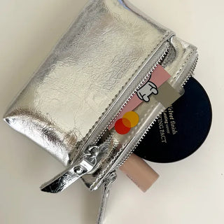 Cowhide Silver Zipper Card Wallet Keyring Mini Pouch