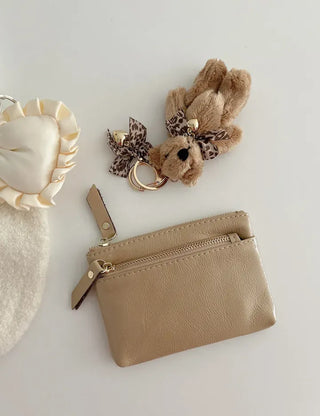 Cowhide Silver Zipper Card Wallet Keyring Mini Pouch