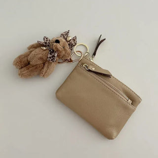Cowhide Silver Zipper Card Wallet Keyring Mini Pouch