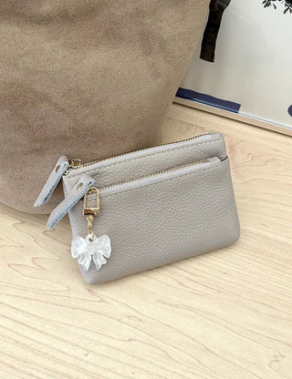 Cowhide Silver Zipper Card Wallet Keyring Mini Pouch