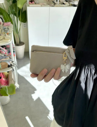 Cowhide Silver Zipper Card Wallet Keyring Mini Pouch