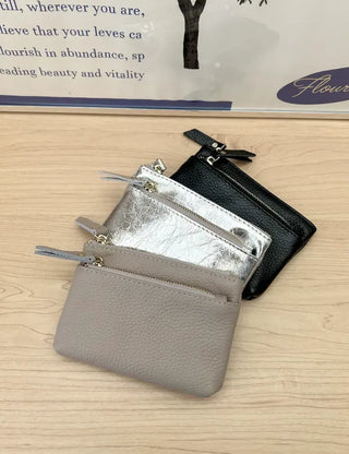 Cowhide Silver Zipper Card Wallet Keyring Mini Pouch