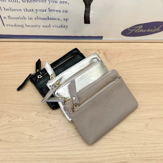 Cowhide Silver Zipper Card Wallet Keyring Mini Pouch