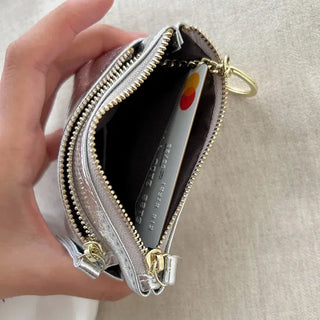 Cowhide Silver Zipper Card Wallet Keyring Mini Pouch