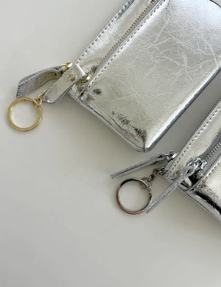 Cowhide Silver Zipper Card Wallet Keyring Mini Pouch