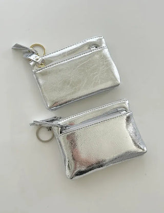 Cowhide Silver Zipper Card Wallet Keyring Mini Pouch