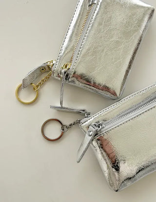 Cowhide Silver Zipper Card Wallet Keyring Mini Pouch