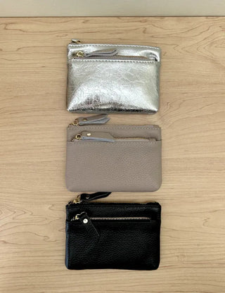 Cowhide Silver Zipper Card Wallet Keyring Mini Pouch