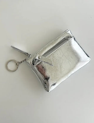 Cowhide Silver Zipper Card Wallet Keyring Mini Pouch