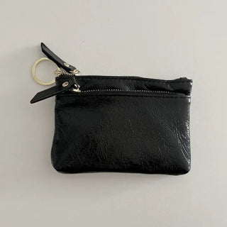 Cowhide Silver Zipper Card Wallet Keyring Mini Pouch