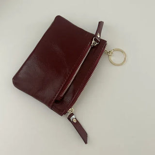 Cowhide Silver Zipper Card Wallet Keyring Mini Pouch