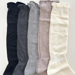 Frilled plain women's socks, loose-fit knit socks, mid-calf socks