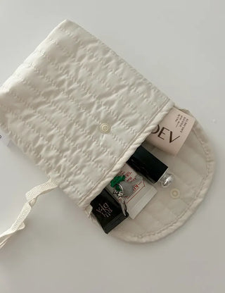 Button Quilted Pouch Ribbed Strap Mini Bag