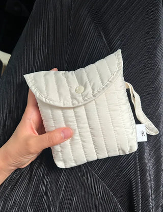 Button Quilted Pouch Ribbed Strap Mini Bag