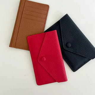 Cowhide Button Card Wallet Women's Slim Coin Storage