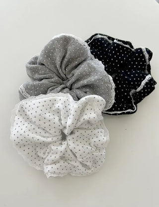Lace scrunchie, polka dot cotton hair tie