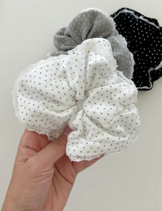 Lace scrunchie, polka dot cotton hair tie