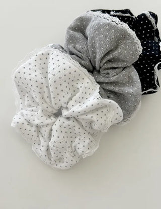 Lace scrunchie, polka dot cotton hair tie