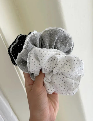 Lace scrunchie, polka dot cotton hair tie